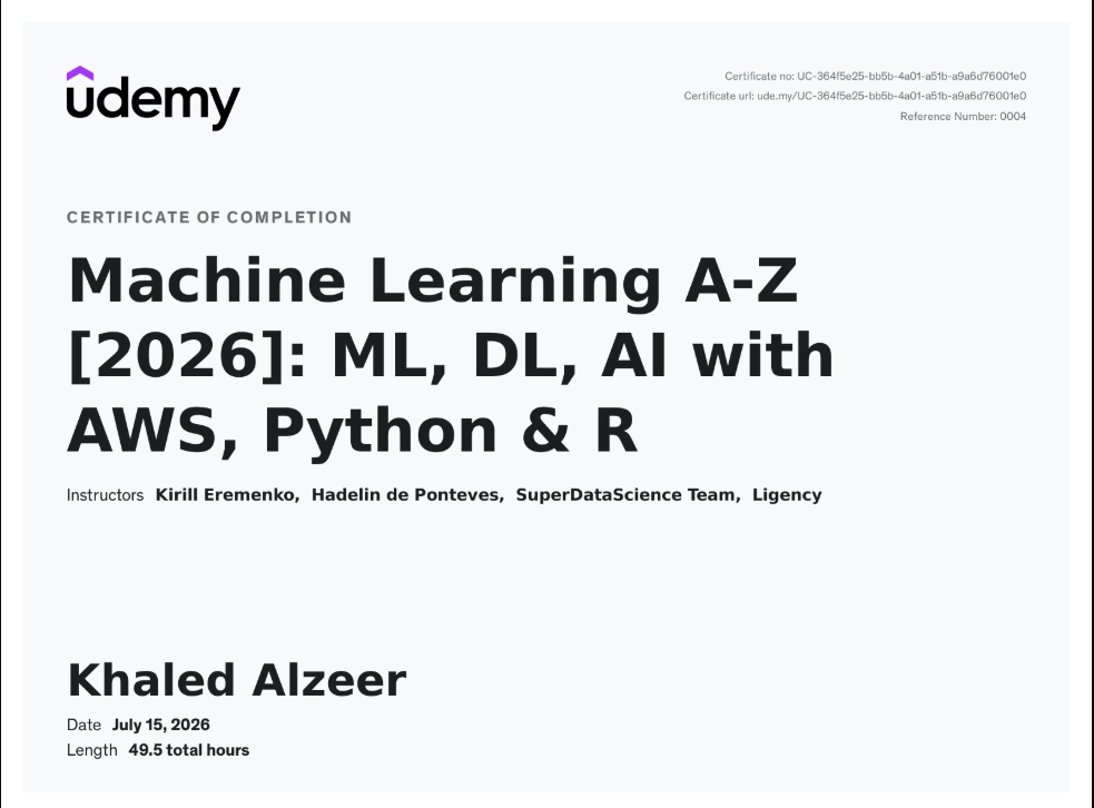 Machine Learning A-Z Certificate